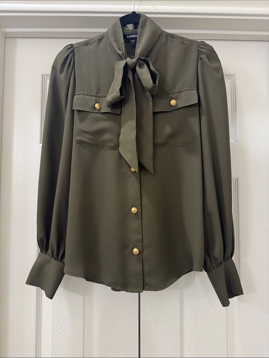 Express Tops - Express Olive Green Tie-Neck Blouse with Gold Buttons